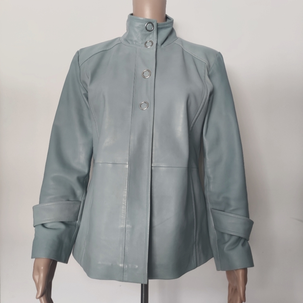 Women's Light Blue Leather Jacket - Modern Stand Collar